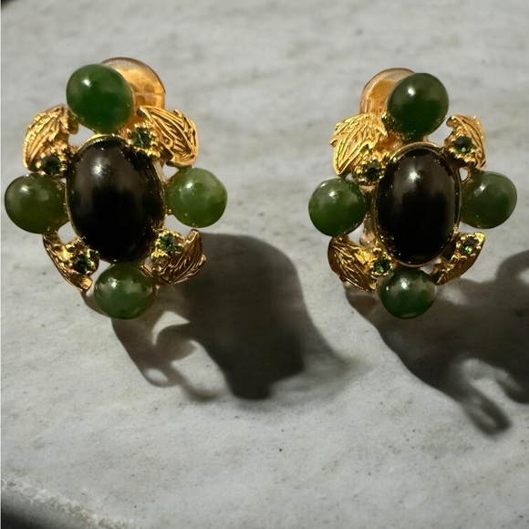Vintage St. John Jade Beaded Gold-tone Clip-on Earrings